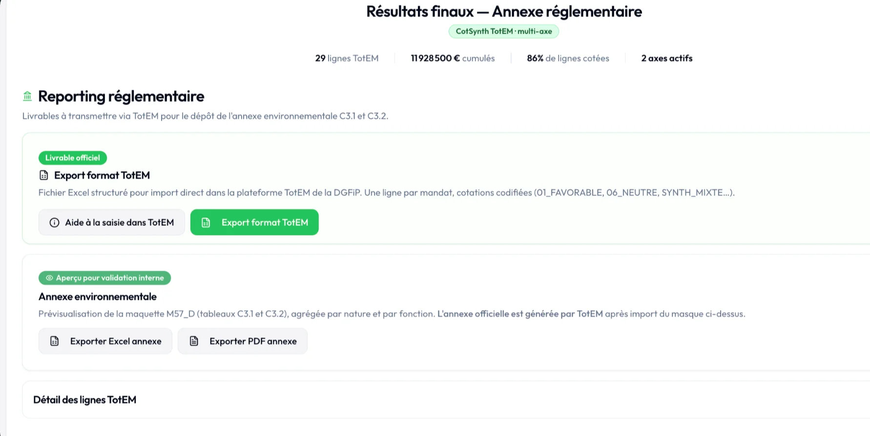 Export réglementaire dans ÉCLAT — export format TotEM, prévisualisation de l'annexe environnementale et PDF